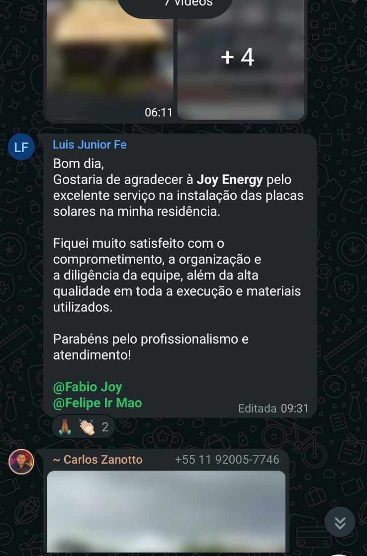 Feedback do cliente Luis Junior sobre a instalação Joy Energy