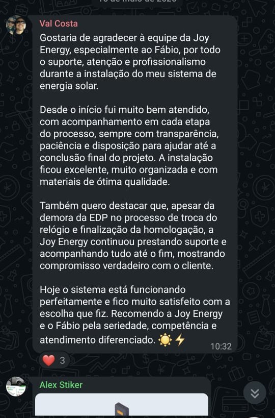 Feedback da cliente Val Costa sobre o atendimento da Joy Energy