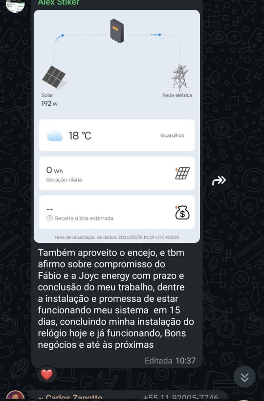 Feedback de cliente com sistema solar Joy Energy em funcionamento